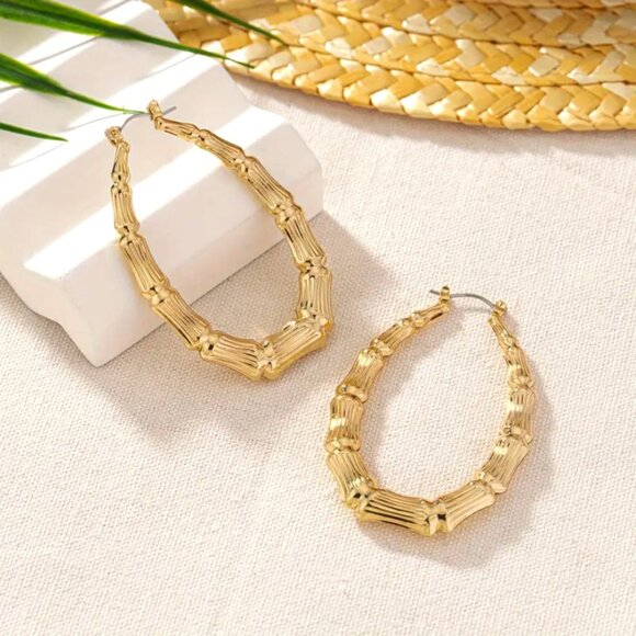14K Gold Womens Large Oval Bamboo Hoop Earrings 14 Karat Silver Hoops Jewelry - Picture 2 of 6